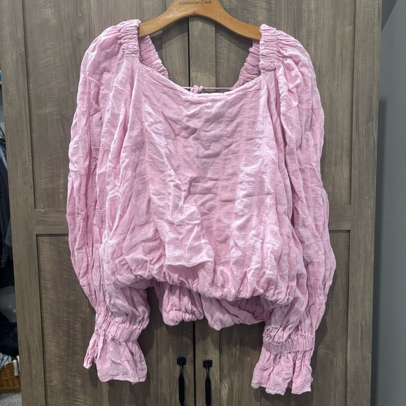 Free People Tops - Free People Alicia Top Pink Crinkled Balloon Sleeves Open Tie Back Blouse